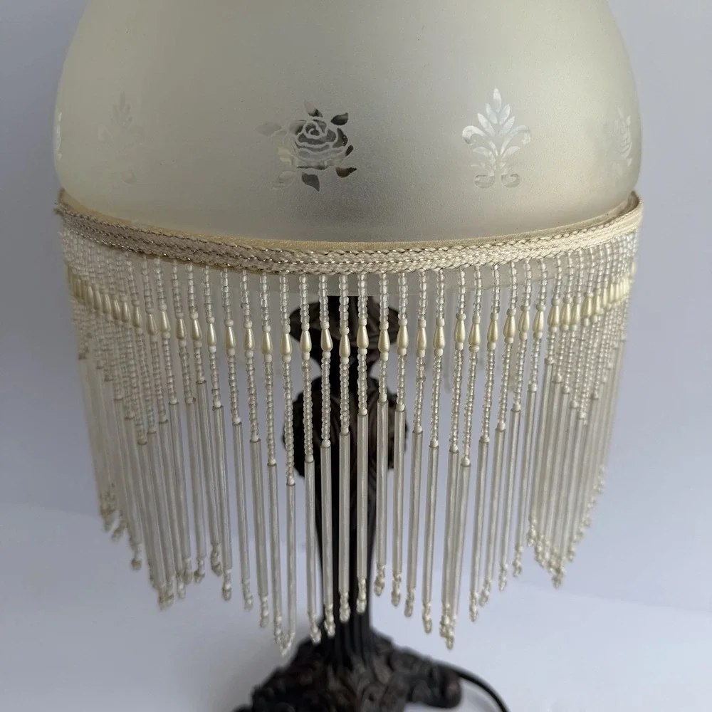 Art Deco Style Lamp Beaded Fringe Frosted Glass Shade VTG Victorian Rose Boudoir